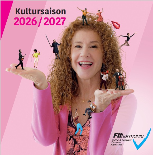 Cover: FILharmonie Eine Frau breitet die Hände aus, darauf tanzen Künstler, Hintergrund in Rosa