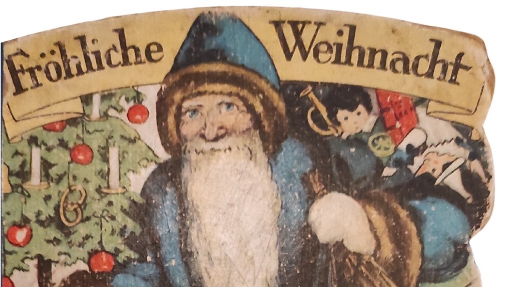 Motiv zur Weihnachtsausstellung "Von ällem ebbes" mit Weihnachtsmann und Schriftzug "Fröhliche Weihnacht"